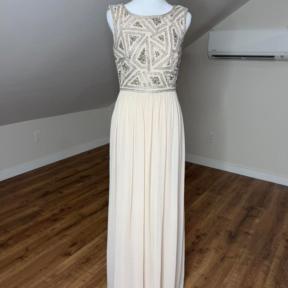 Adrianna Papell Beaded Blush Champagne Gown Art Deco Formal Dress Size 4